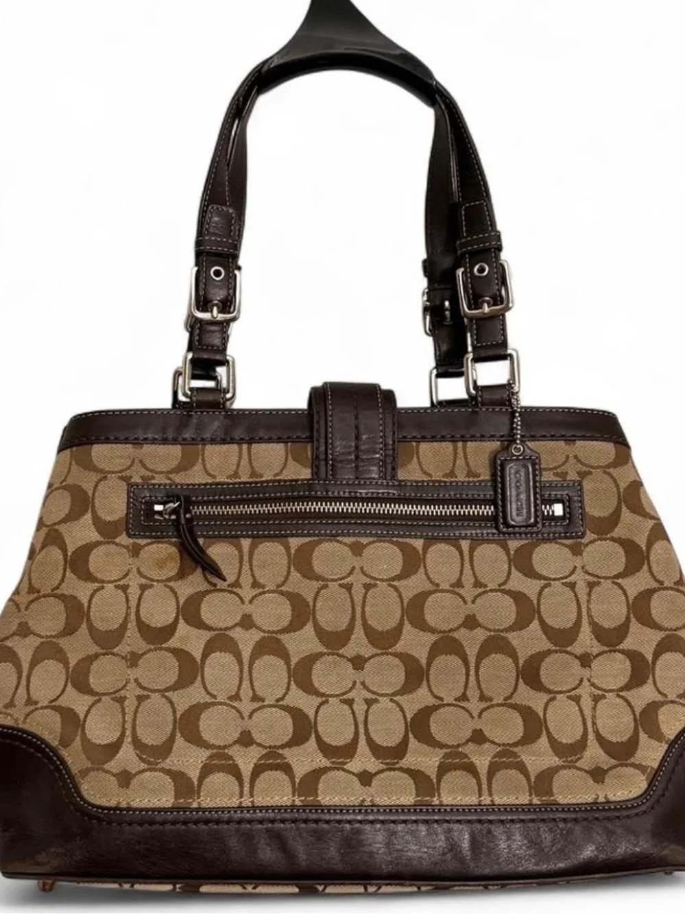 Coach Brown Signature Canvas Shoulder Bag with Dark Brown Trim